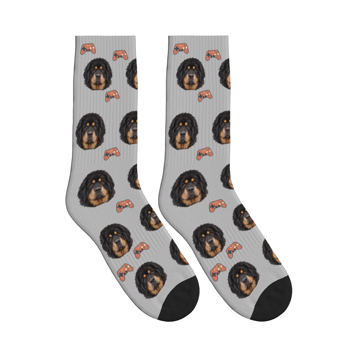 Game Controller Dog Face Socks in Light Gray with a personalized dog photo