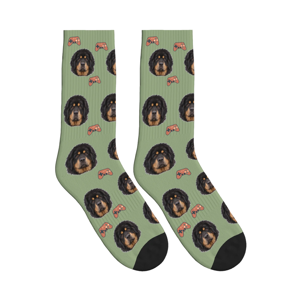 Game Controller Dog Face Socks in Sage Green with a personalized dog photo