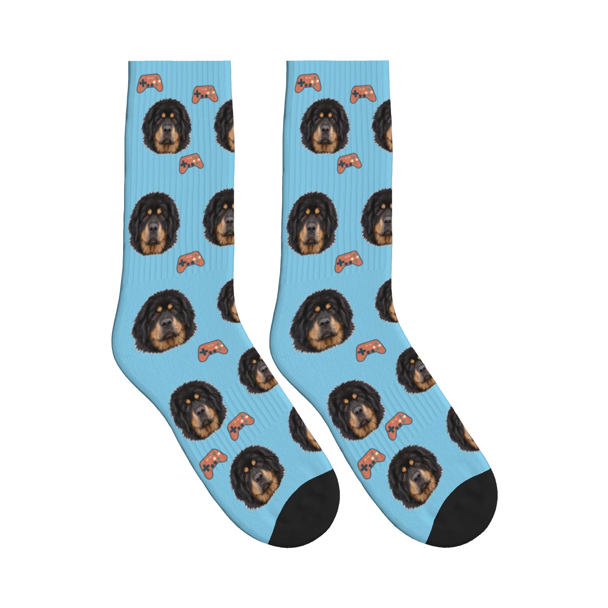 Game Controller Dog Face Socks in Sky Blue with a personalized dog photo