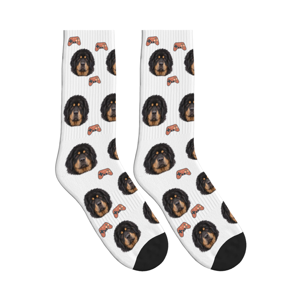 Game Controller Dog Face Socks in White with a personalized dog photo