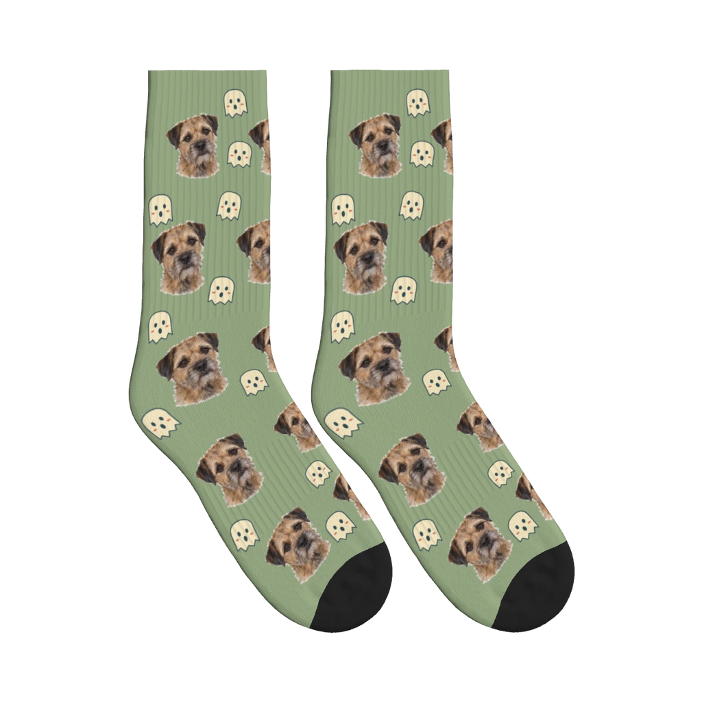 Little Ghost Dog Face Socks in Sage Green with a personalized dog photo