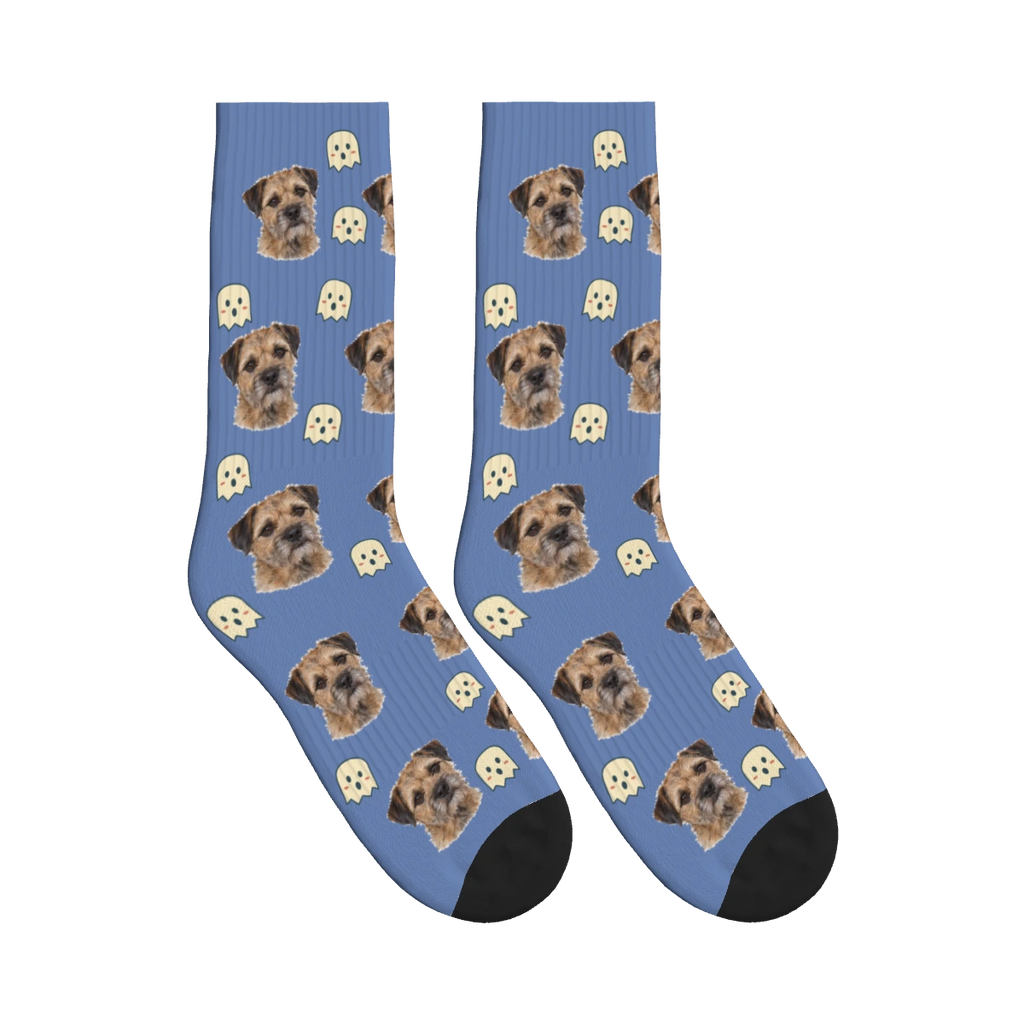 Little Ghost Dog Face Socks in Slate Blue with a personalized dog photo