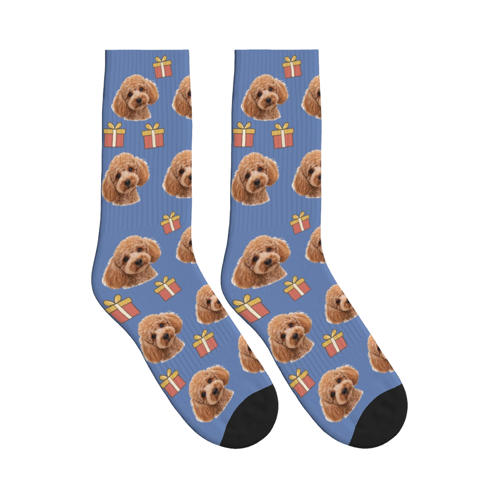 Little Presents Dog Face Socks in Slate Blue with a personalized dog photo