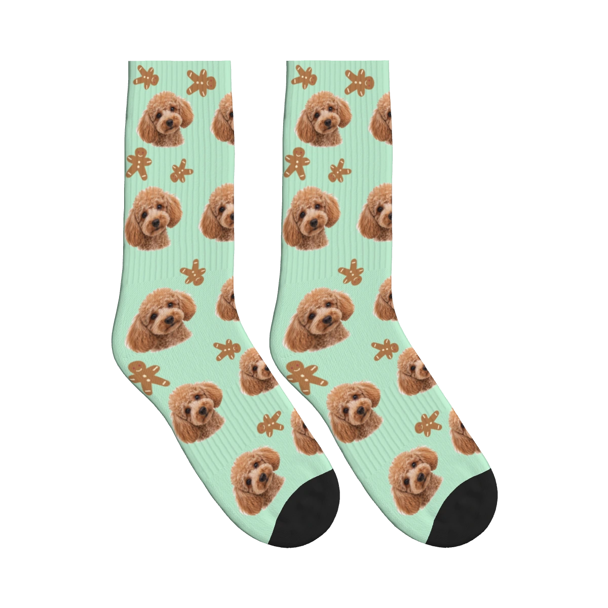 Gingerbread Dog Face Socks in Mint Green with a personalized dog photo