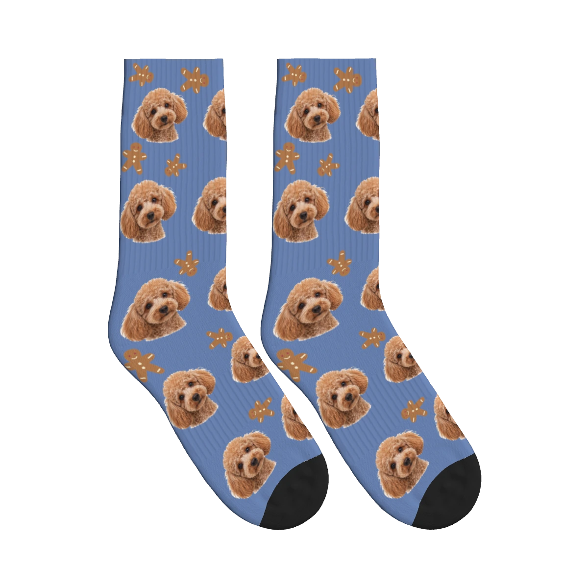 Gingerbread Dog Face Socks in Slate Blue with a personalized dog photo