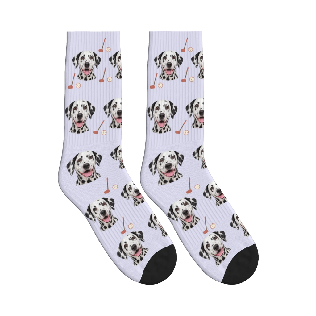 Golf Dog Face Socks in Lavender with a personalized dog photo