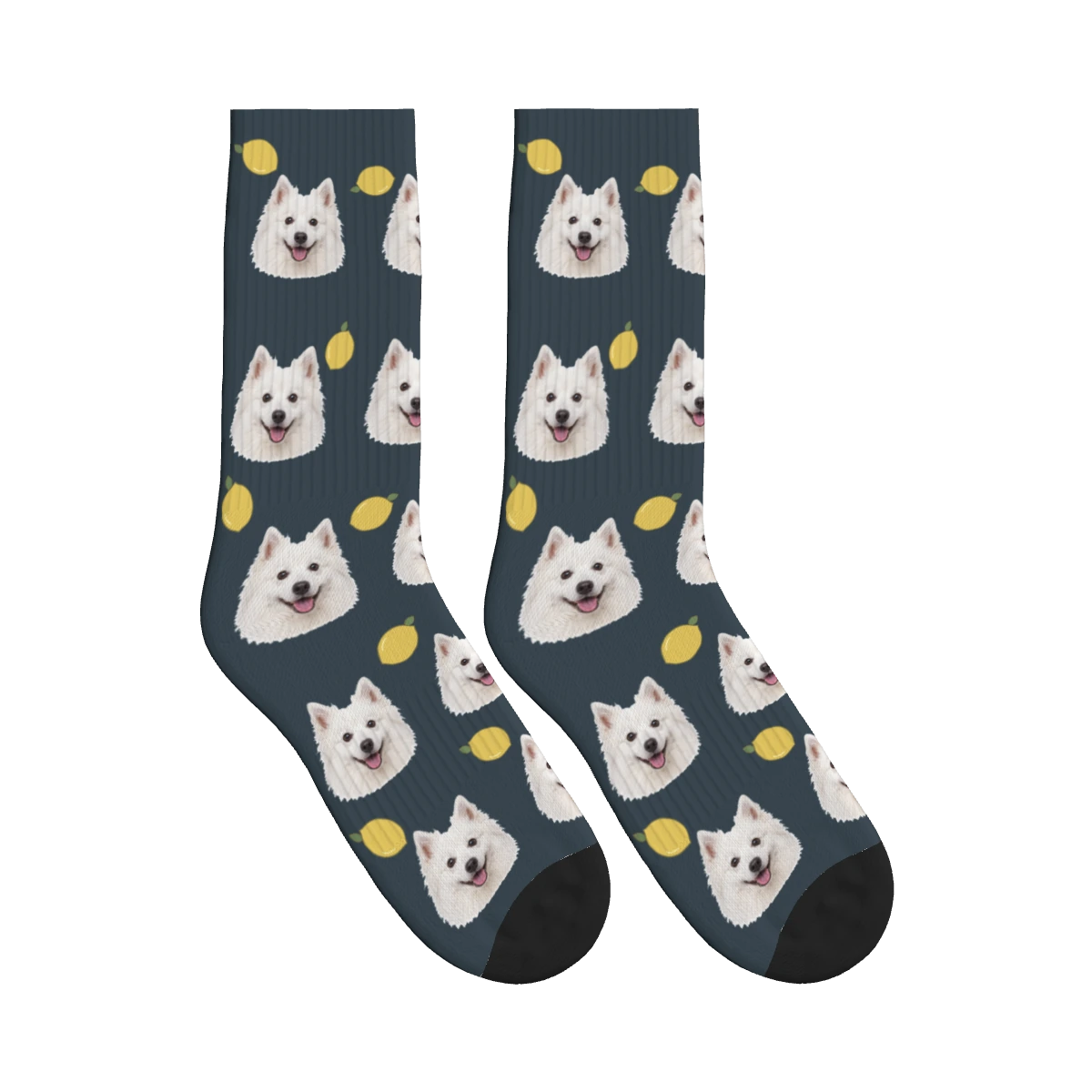 Lemon Dog Face Socks in Charcoal Gray with a personalized dog photo