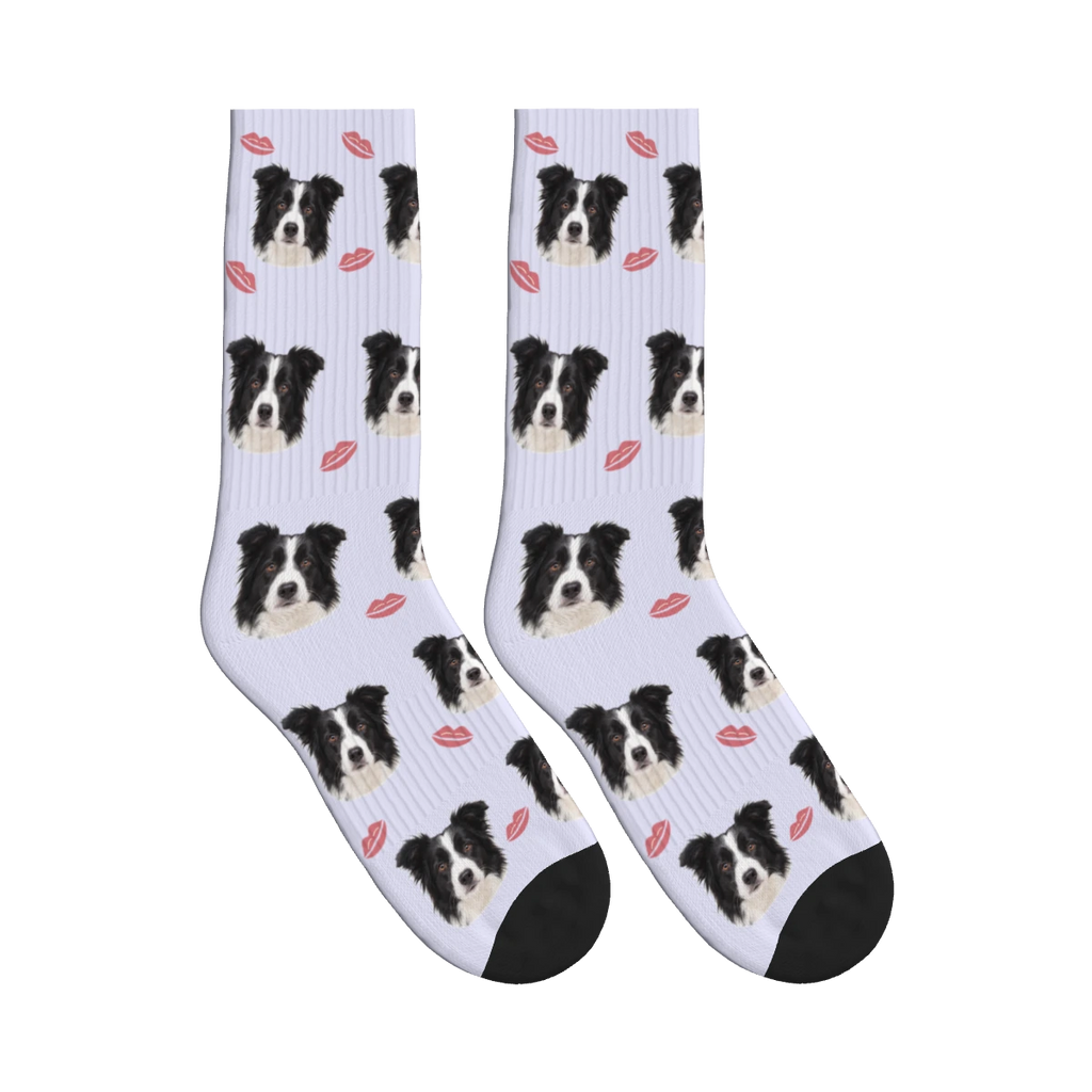 Puppy Kisses Dog Face Socks in Lavender with a personalized dog photo