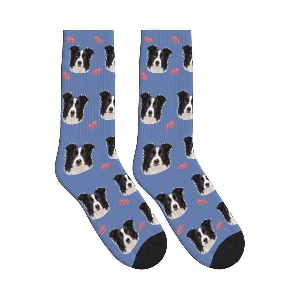 Puppy Kisses Dog Face Socks in Slate Blue with a personalized dog photo