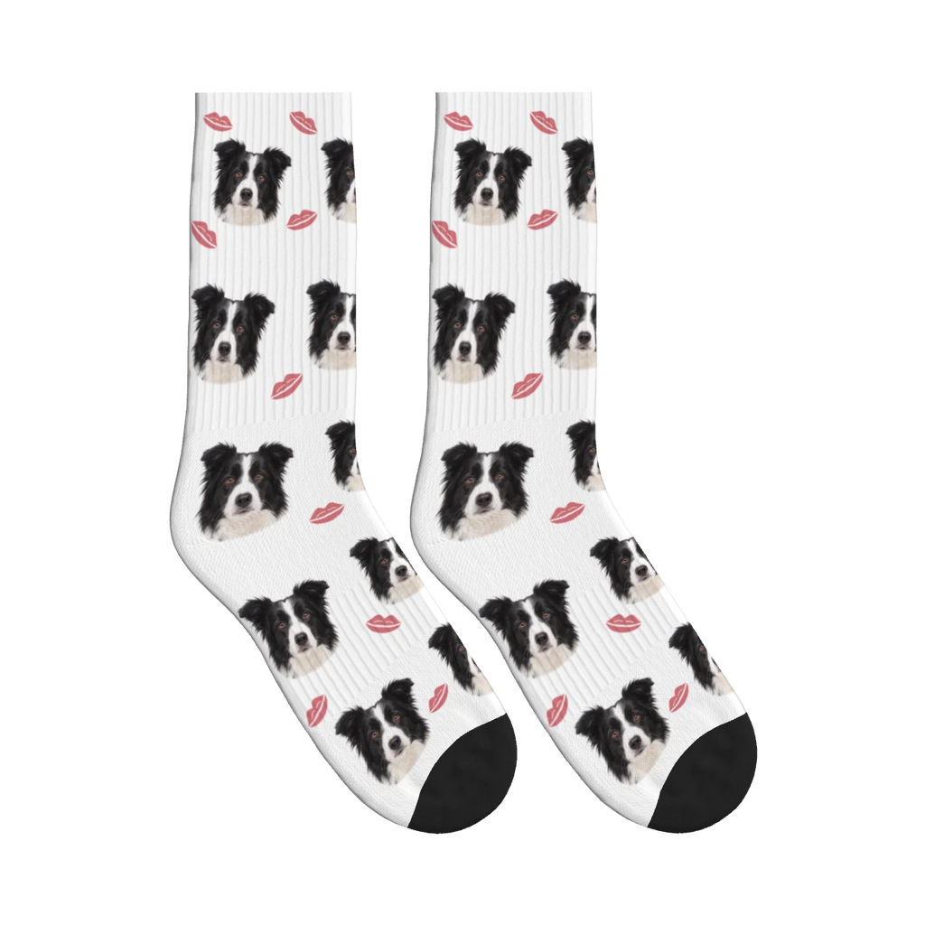 Puppy Kisses Dog Face Socks in White with a personalized dog photo