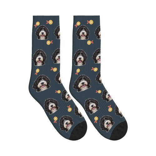 Best Dog Medal Socks in Charcoal Gray with a personalized dog photo