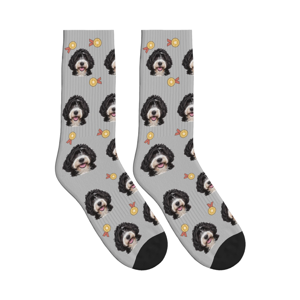 Best Dog Medal Socks in Light Gray with a personalized dog photo
