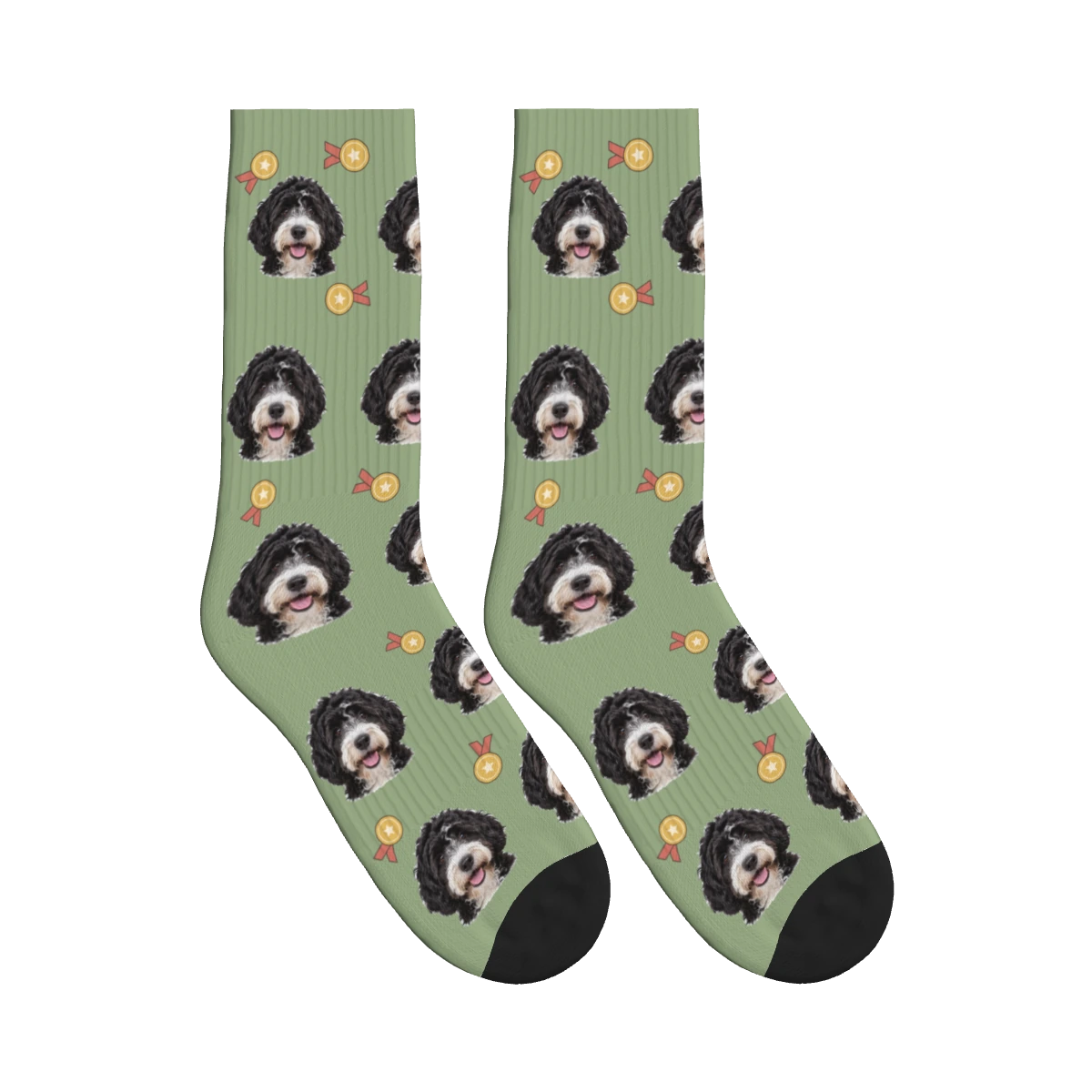 Best Dog Medal Socks in Sage Green with a personalized dog photo