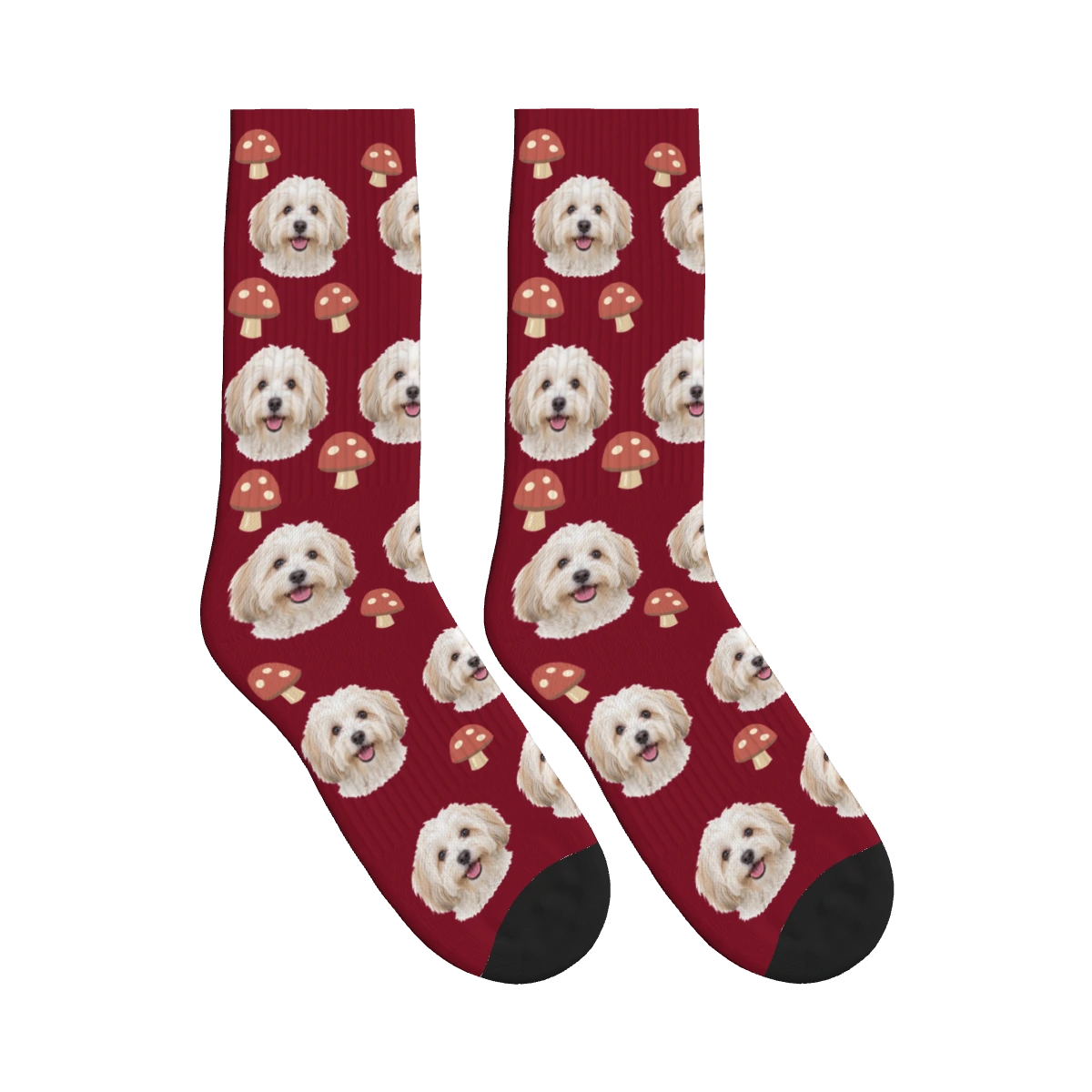 Mushroom Dog Face Socks in Burgundy with a personalized dog photo