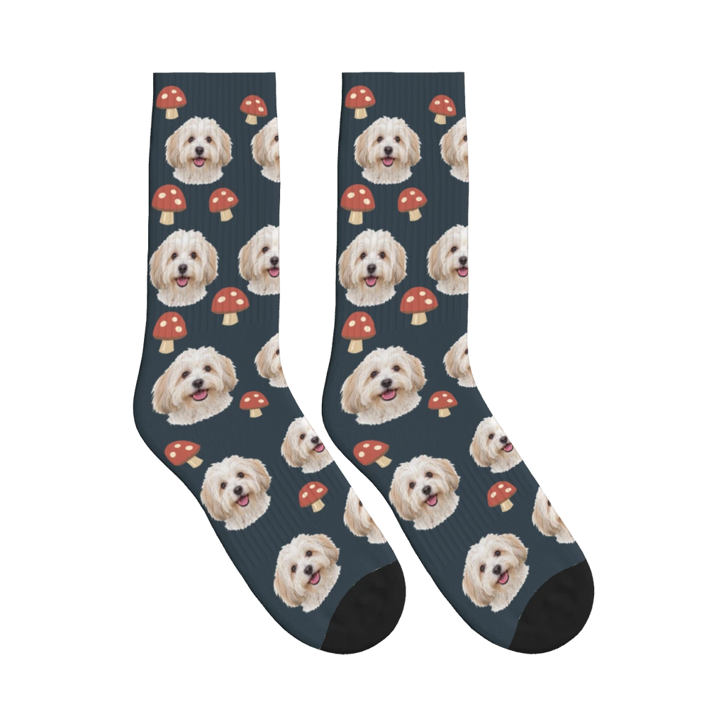 Mushroom Dog Face Socks in Charcoal Gray with a personalized dog photo