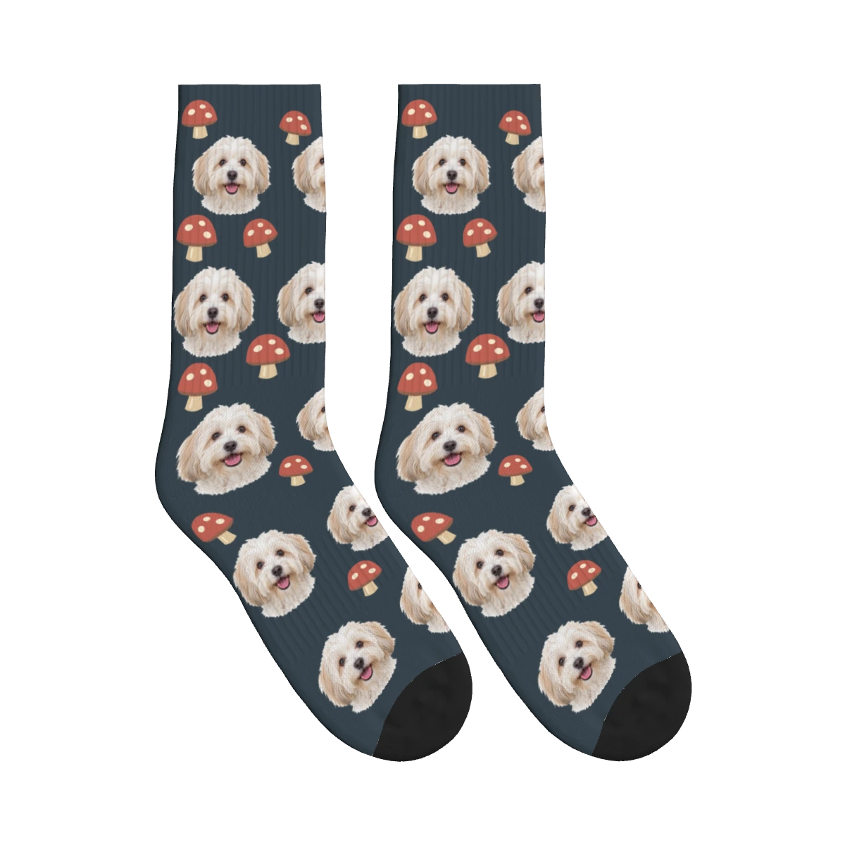 Mushroom Dog Face Socks in Charcoal Gray with a personalized dog photo