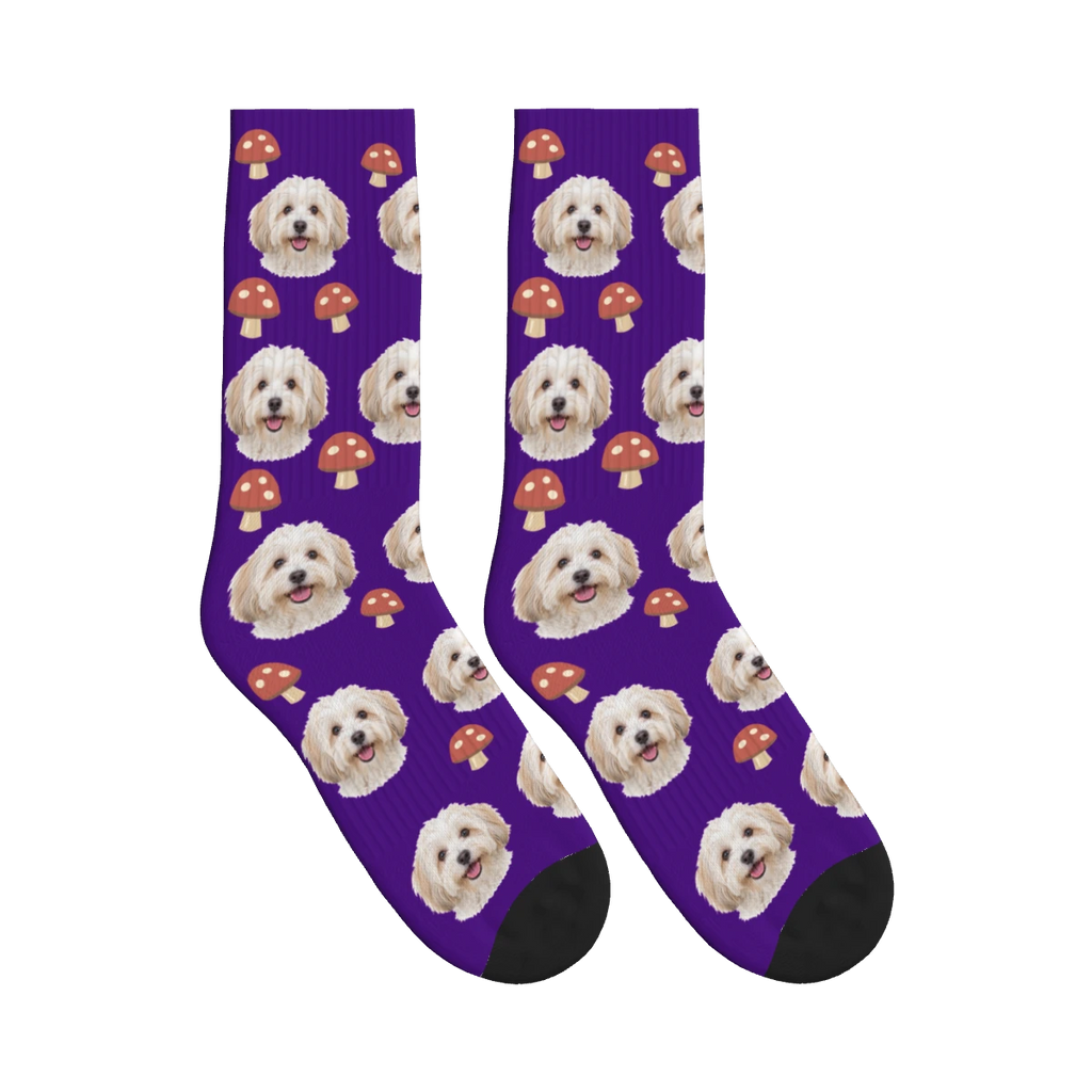 Mushroom Dog Face Socks in Deep Purple with a personalized dog photo