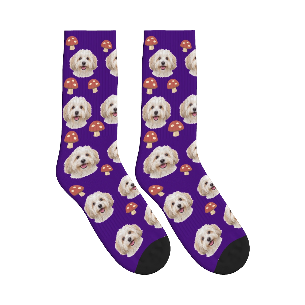 Mushroom Dog Face Socks in Deep Purple with a personalized dog photo