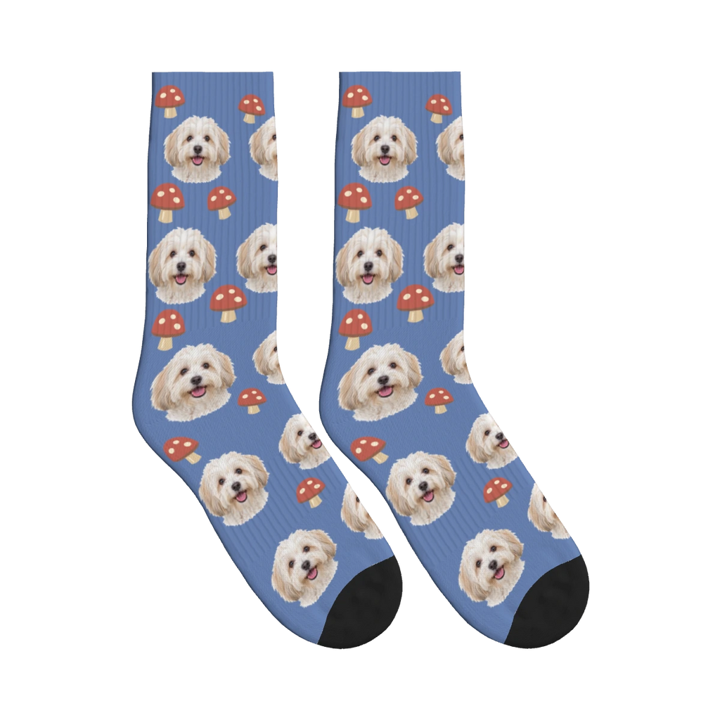 Mushroom Dog Face Socks in Slate Blue with a personalized dog photo