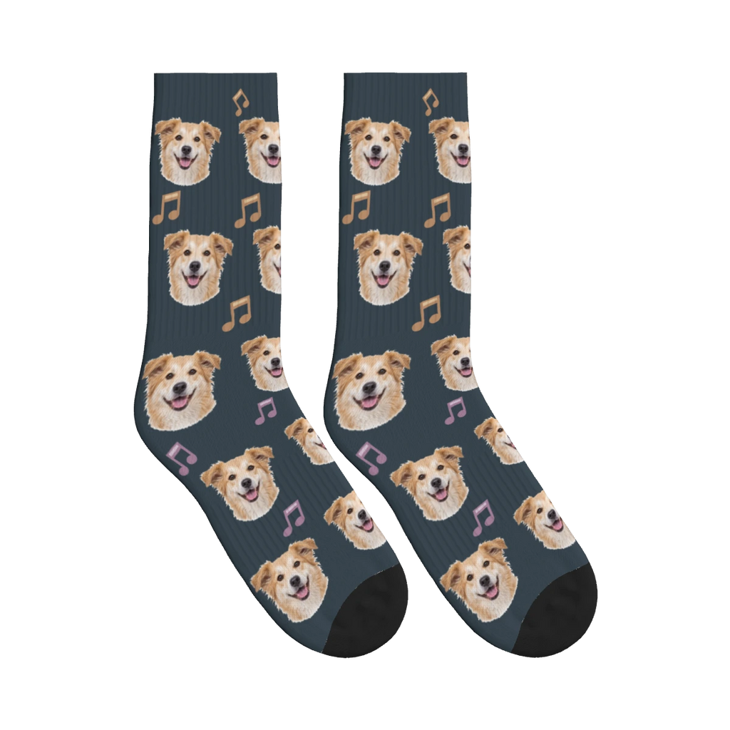 Music Note Dog Face Socks in Charcoal Gray with a personalized dog photo