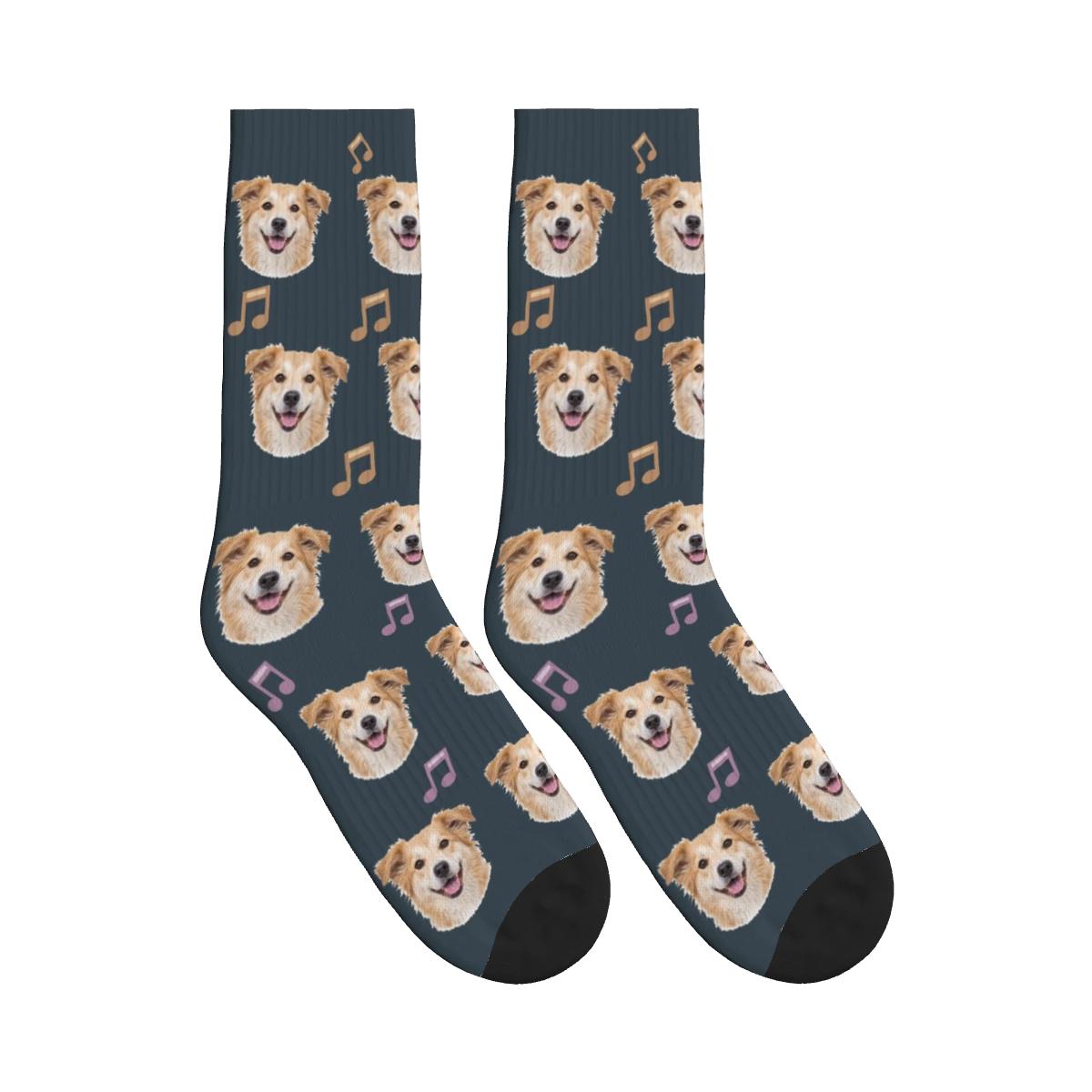 Music Note Dog Face Socks in Charcoal Gray with a personalized dog photo