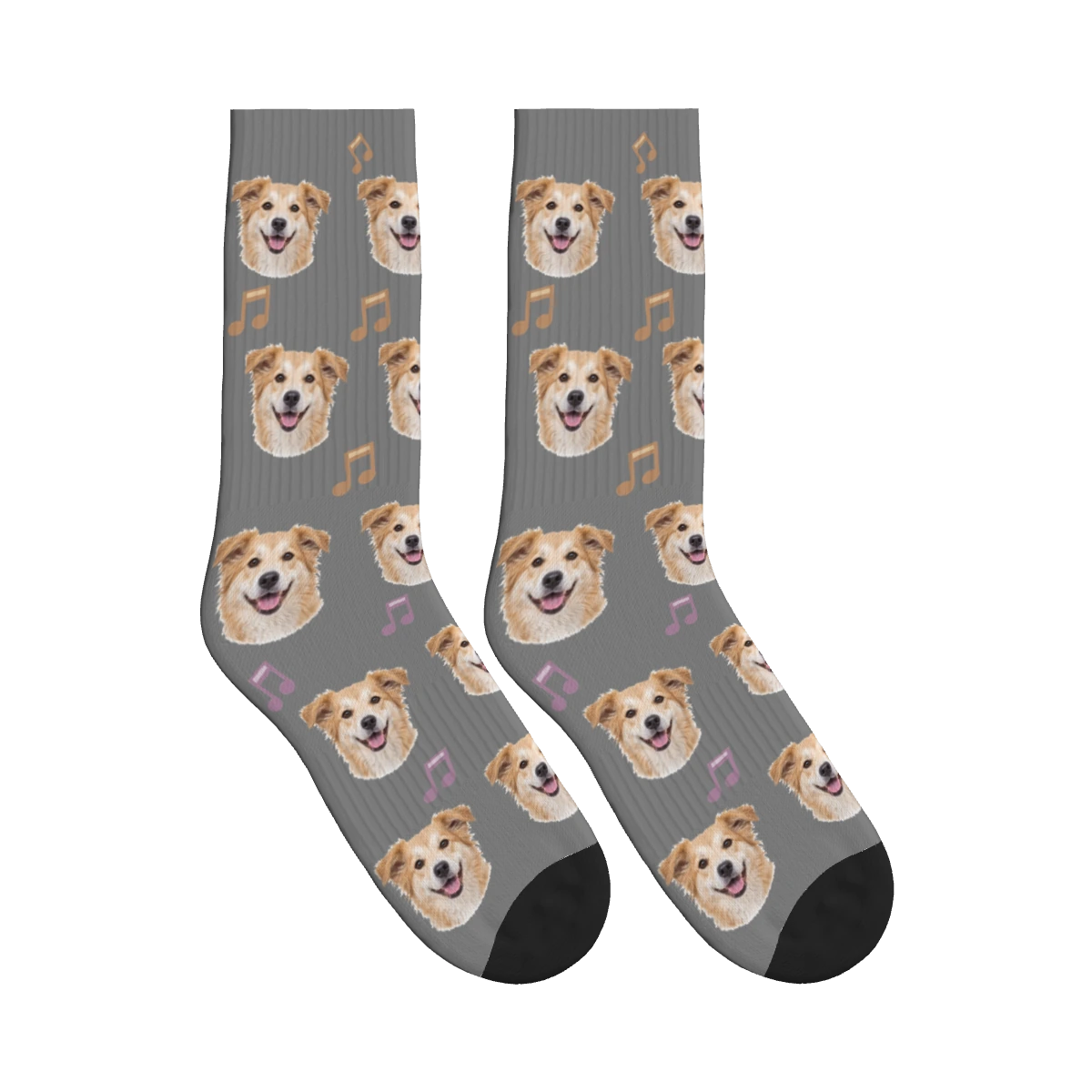 Music Note Dog Face Socks in Gray with a personalized dog photo