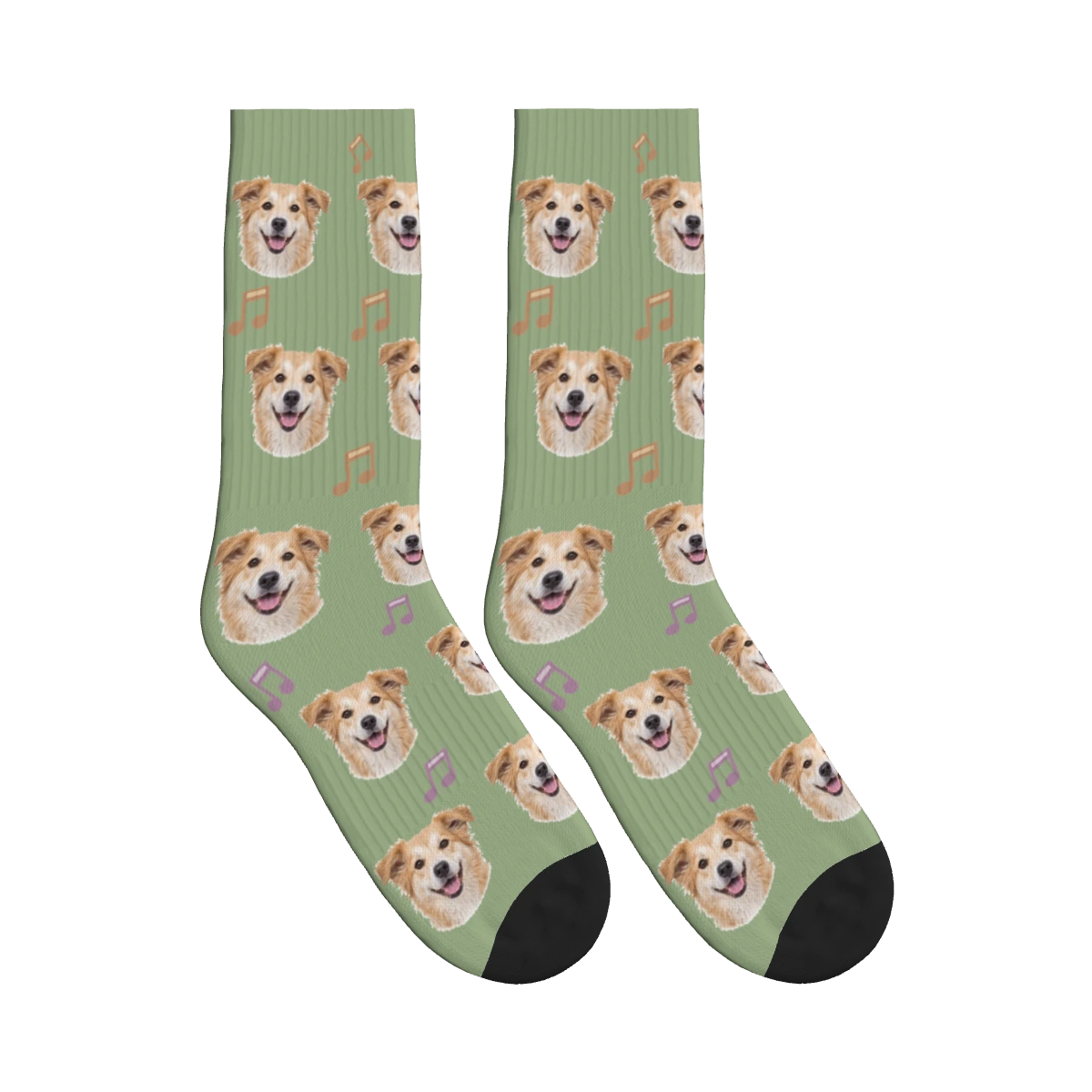 Music Note Dog Face Socks in Sage Green with a personalized dog photo