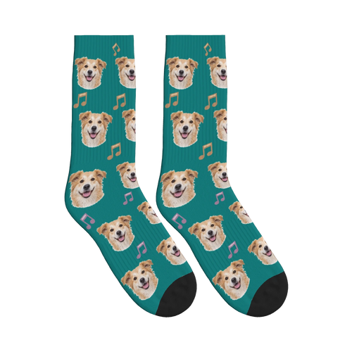 Music Note Dog Face Socks in Teal with a personalized dog photo