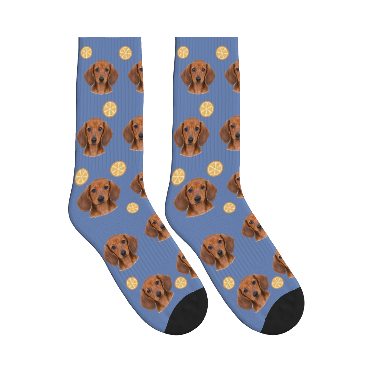 Orange Slice Dog Face Socks in Slate Blue with a personalized dog photo