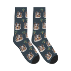 Palm Tree Dog Face Socks in Charcoal Gray with a personalized dog photo