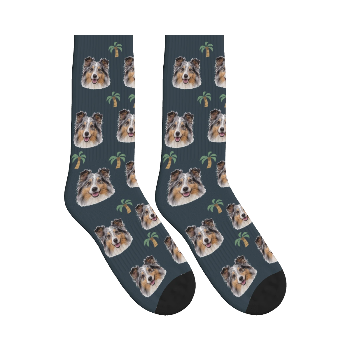 Palm Tree Dog Face Socks in Charcoal Gray with a personalized dog photo
