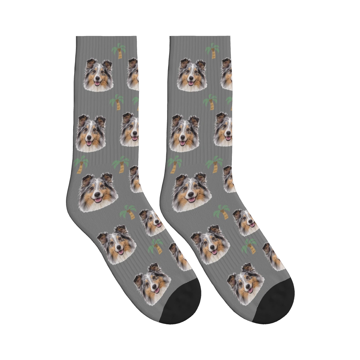 Palm Tree Dog Face Socks in Gray with a personalized dog photo