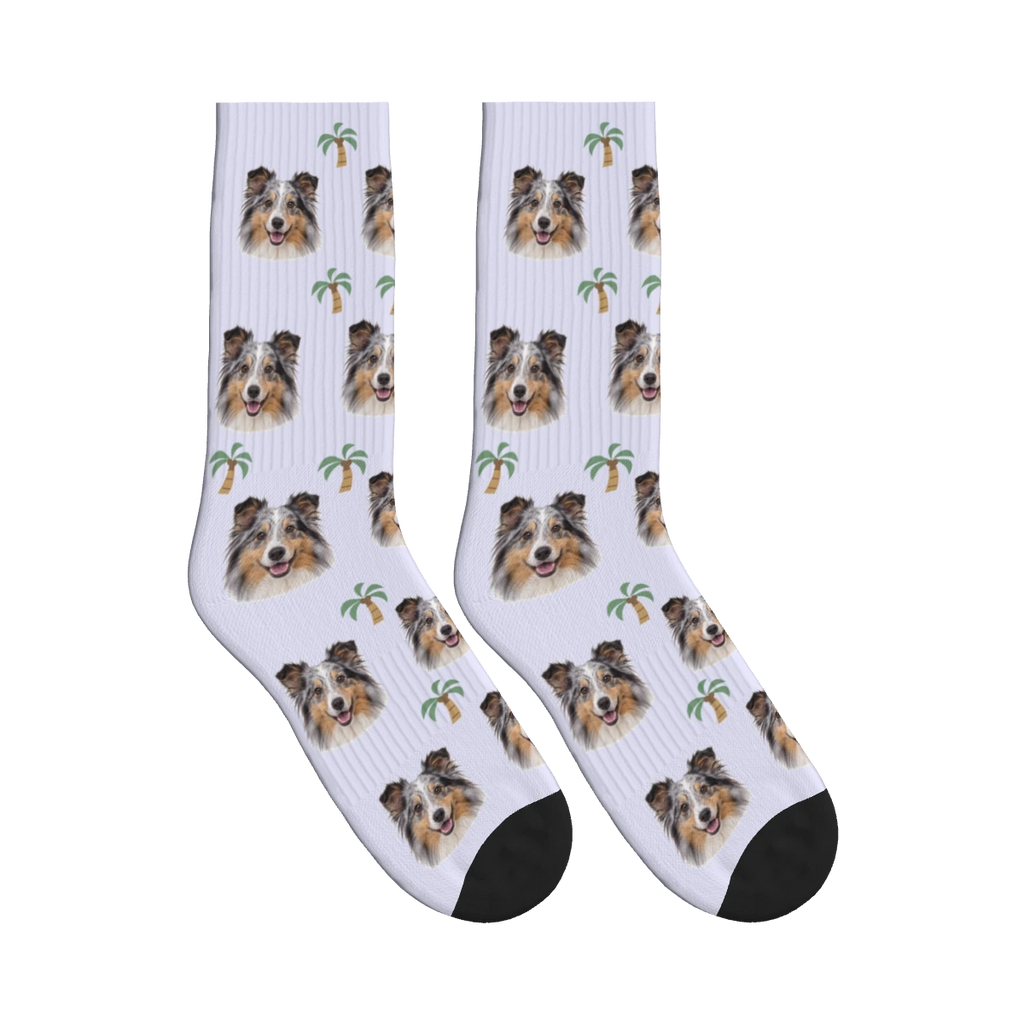 Palm Tree Dog Face Socks in Lavender with a personalized dog photo