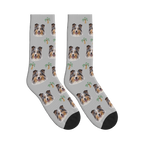 Palm Tree Dog Face Socks in Light Gray with a personalized dog photo