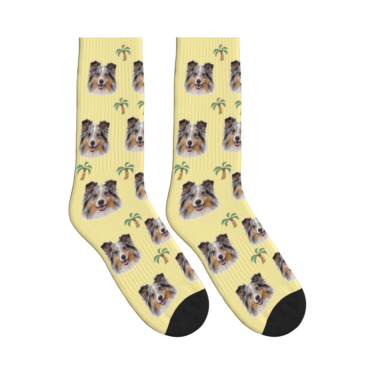 Palm Tree Dog Face Socks in Pale Yellow with a personalized dog photo