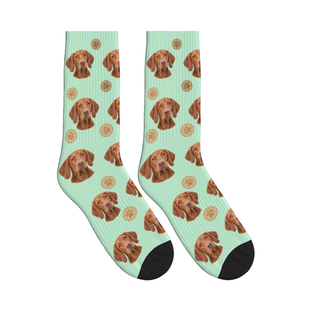 Treat Time Dog Face Socks in Mint Green with a personalized dog photo