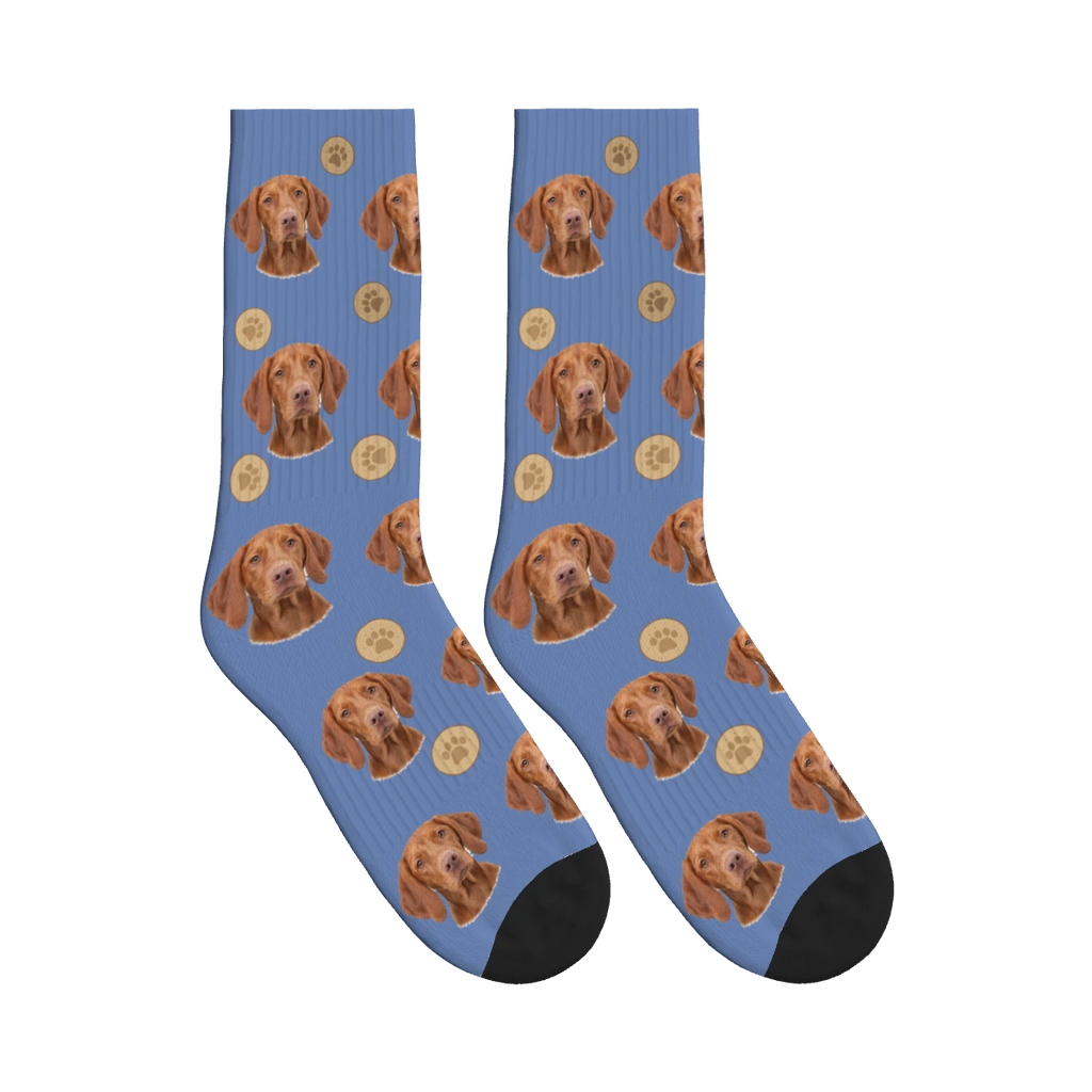 Treat Time Dog Face Socks in Slate Blue with a personalized dog photo