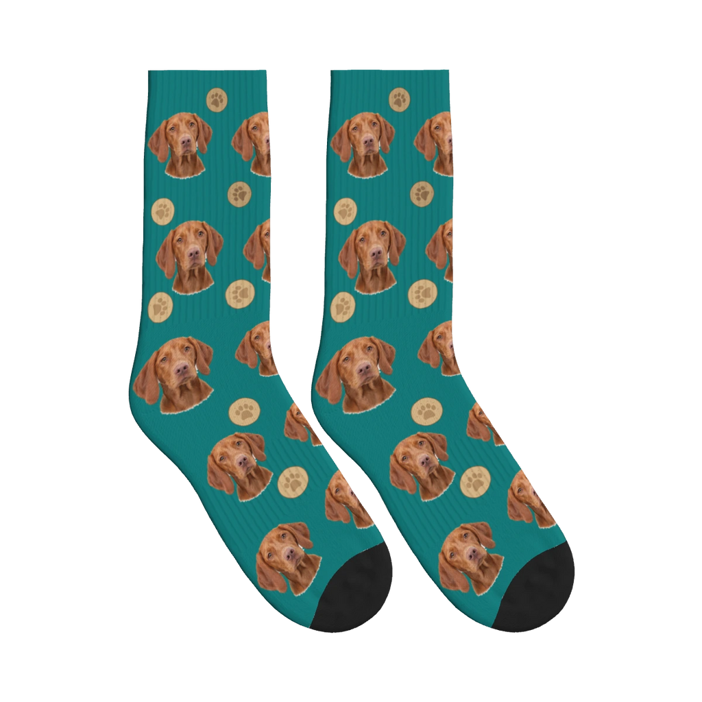 Treat Time Dog Face Socks in Teal with a personalized dog photo