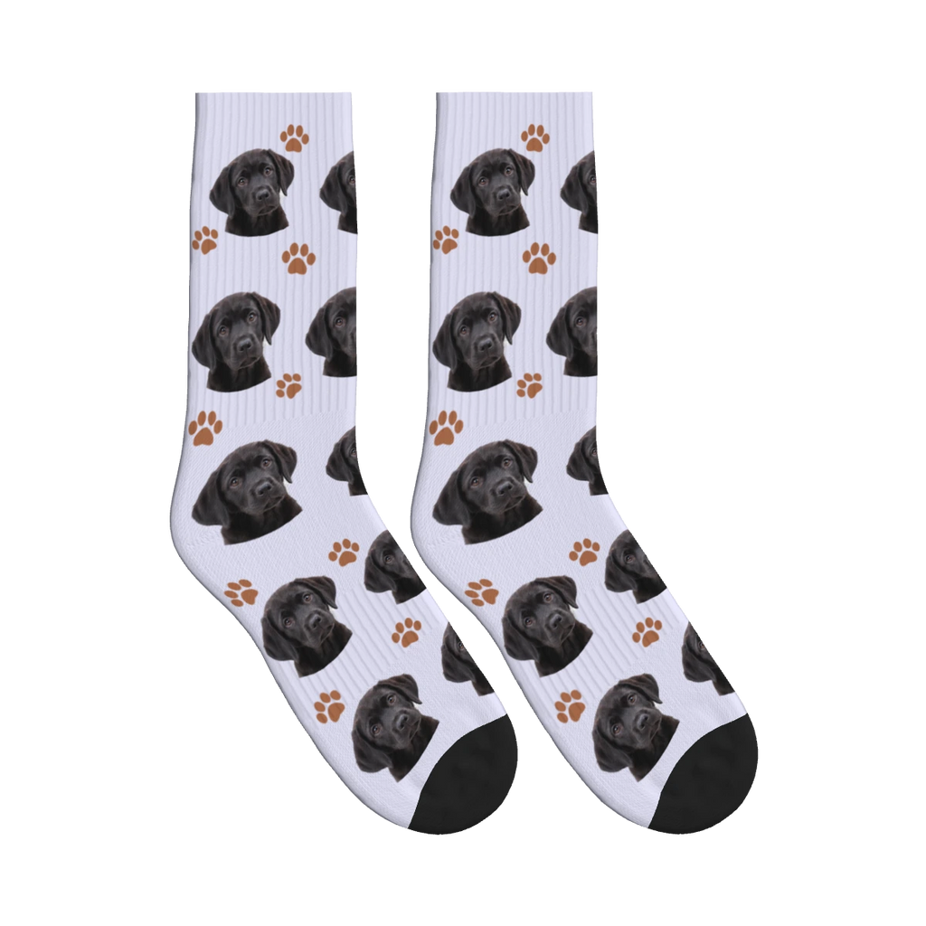 Paw Print Dog Face Socks in Lavender with a personalized dog photo