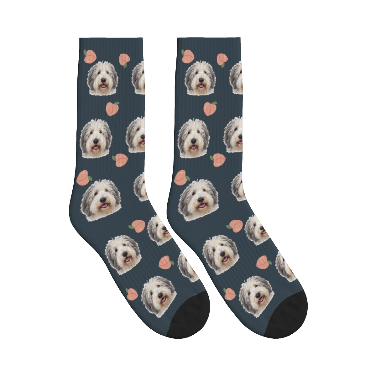 Peach Dog Face Socks in Charcoal Gray with a personalized dog photo