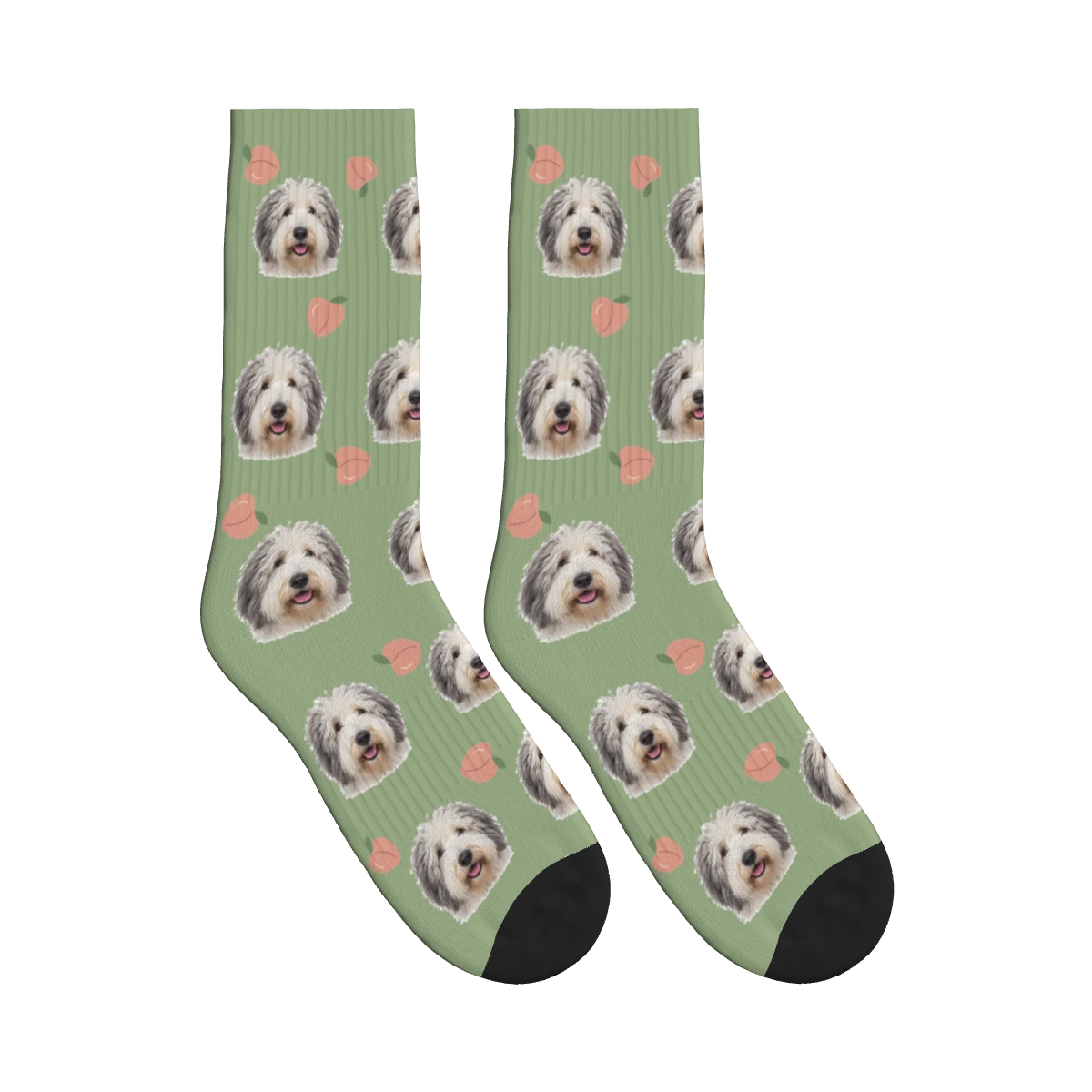 Peach Dog Face Socks in Sage Green with a personalized dog photo