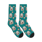 Peach Dog Face Socks in Teal with a personalized dog photo