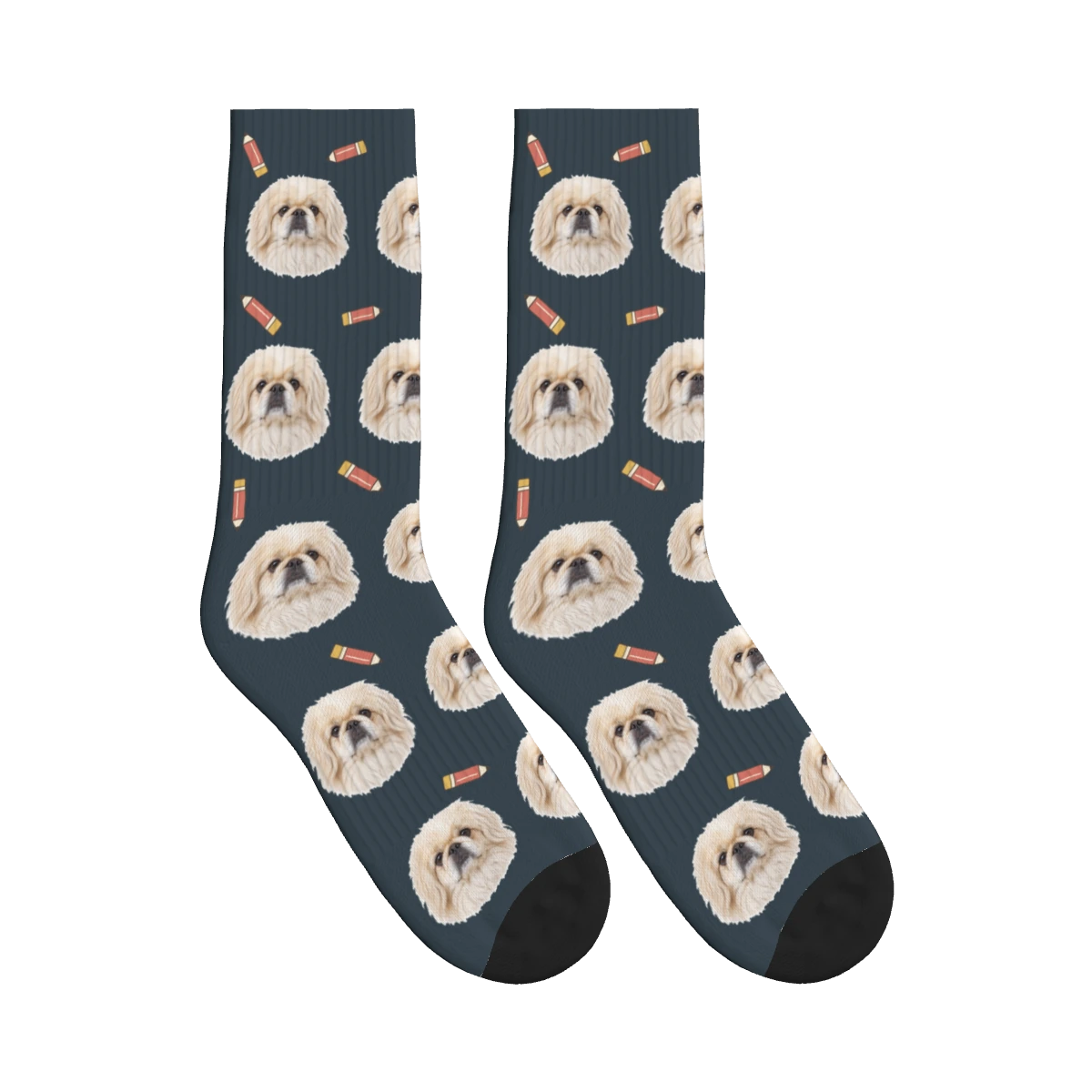 Little Pencil Dog Face Socks in Charcoal Gray with a personalized dog photo