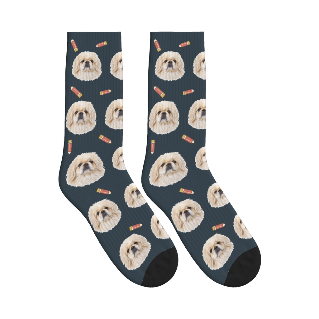 Little Pencil Dog Face Socks in Charcoal Gray with a personalized dog photo