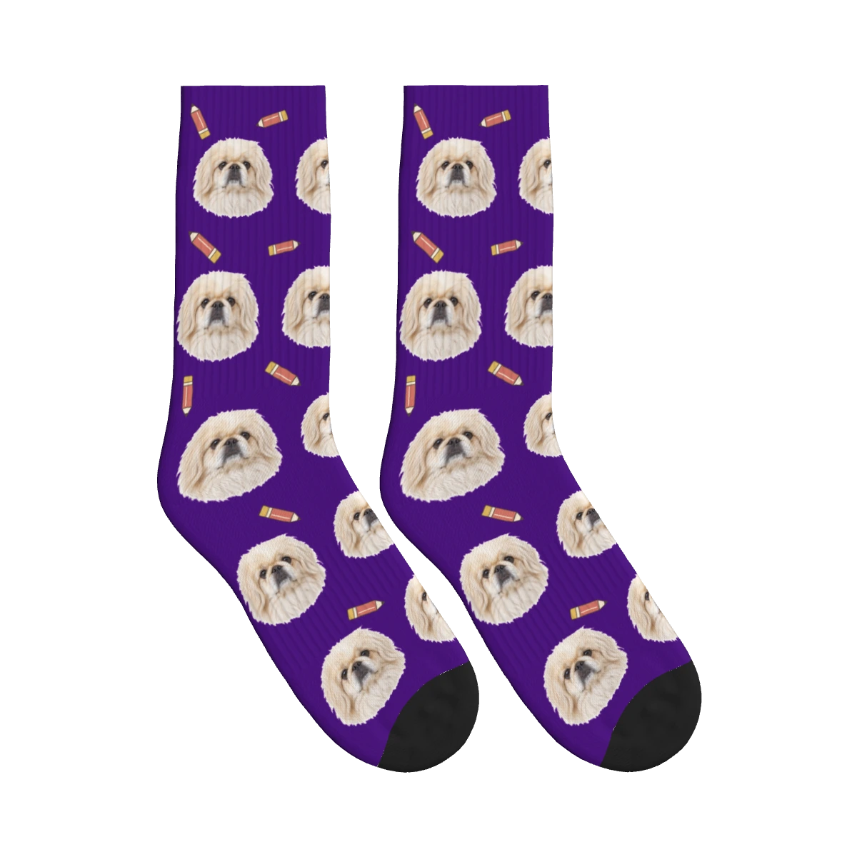Little Pencil Dog Face Socks in Deep Purple with a personalized dog photo