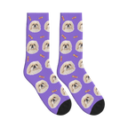 Little Pencil Dog Face Socks in Purple with a personalized dog photo
