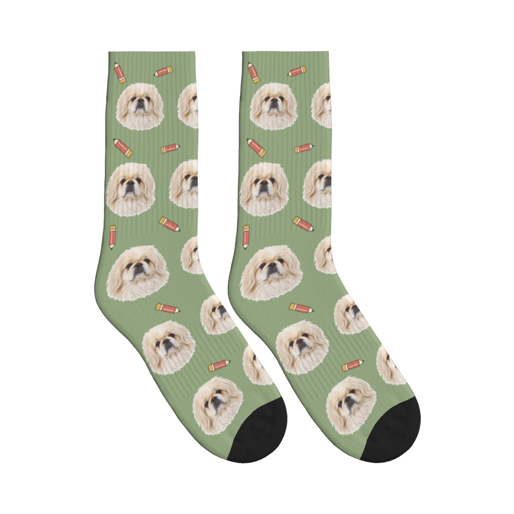 Little Pencil Dog Face Socks in Sage Green with a personalized dog photo