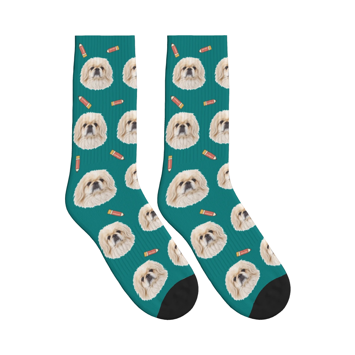 Little Pencil Dog Face Socks in Teal with a personalized dog photo