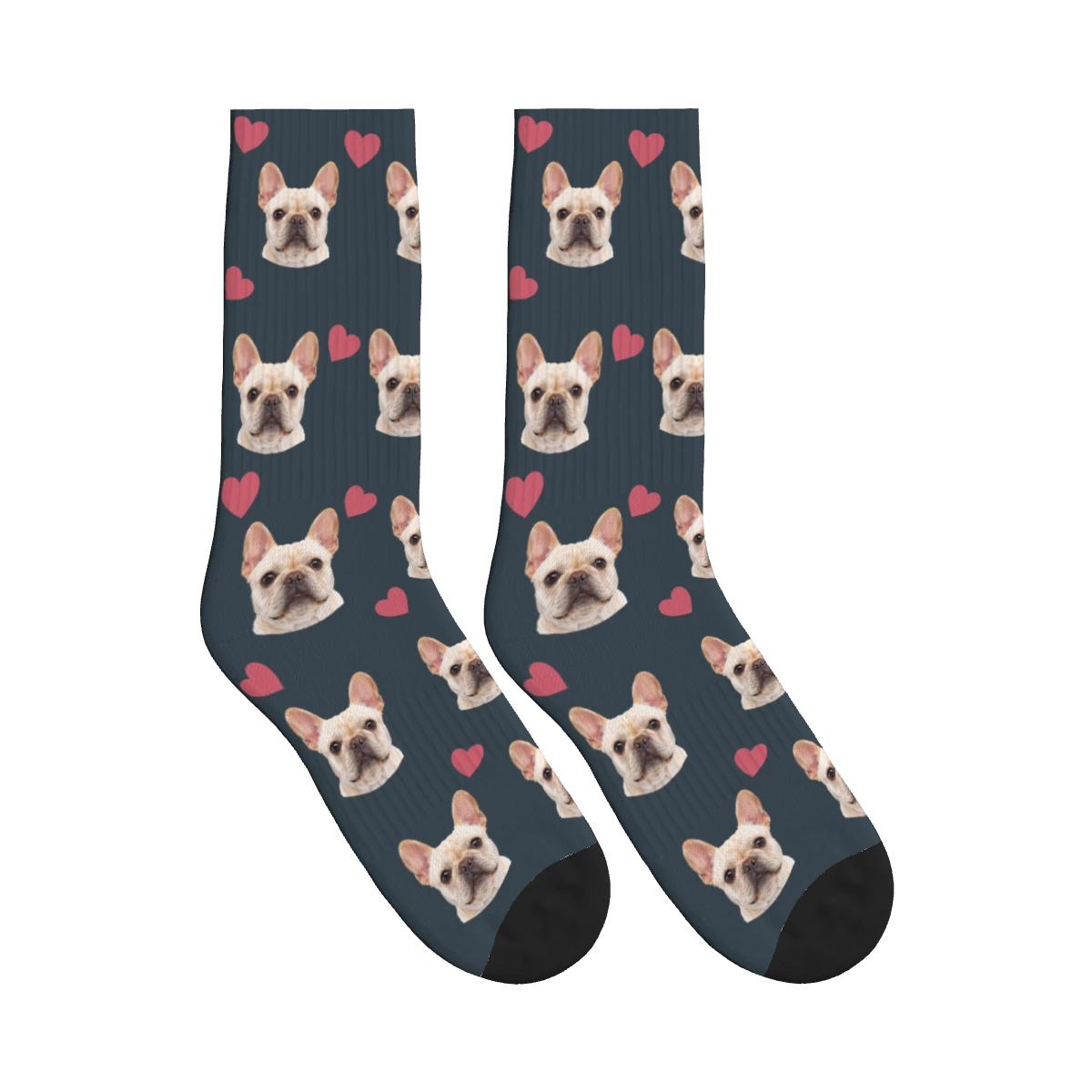 Pink Heart Dog Face Socks in Charcoal Gray with a personalized dog photo