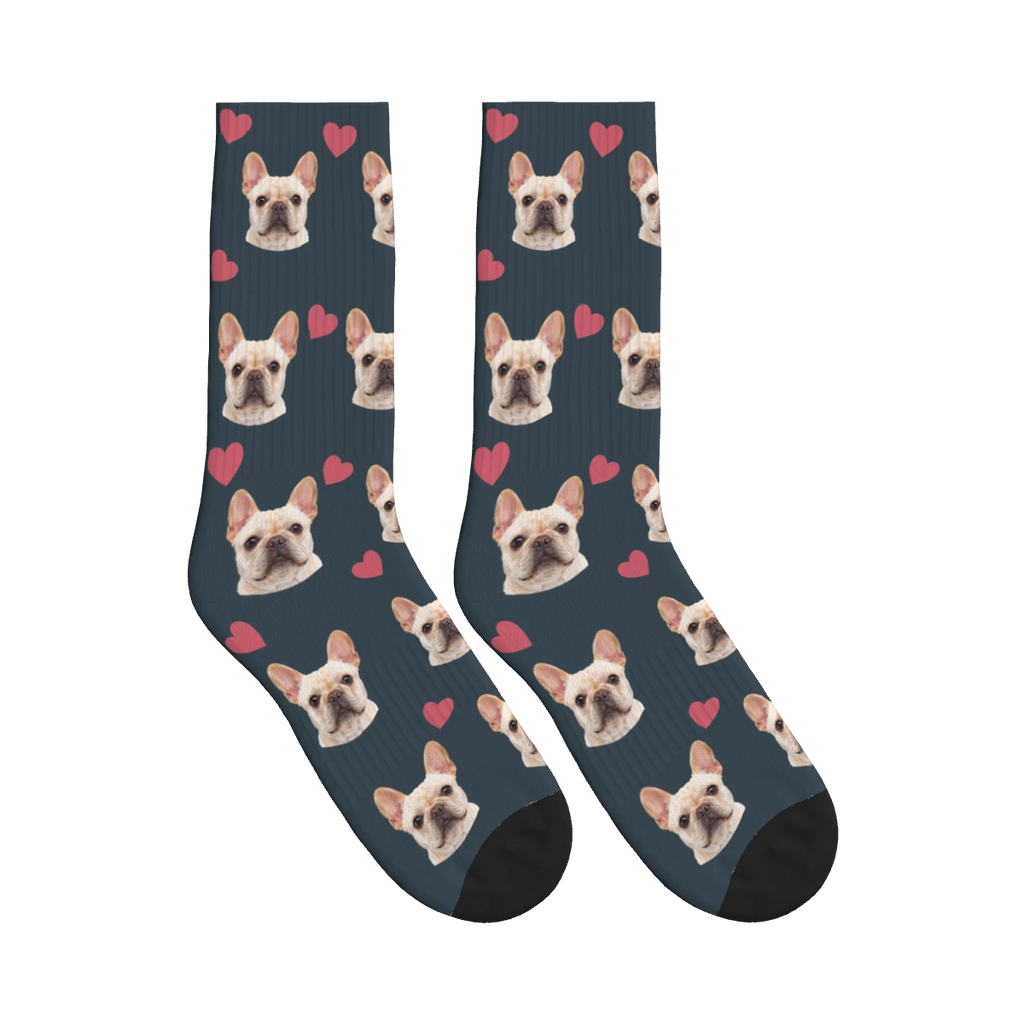 Pink Heart Dog Face Socks in Charcoal Gray with a personalized dog photo